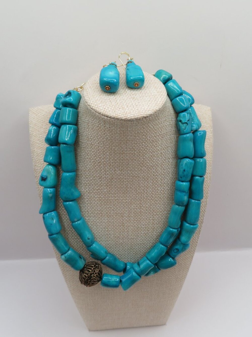 Barse Chunky Coral Double Strand Necklace and Earring Set